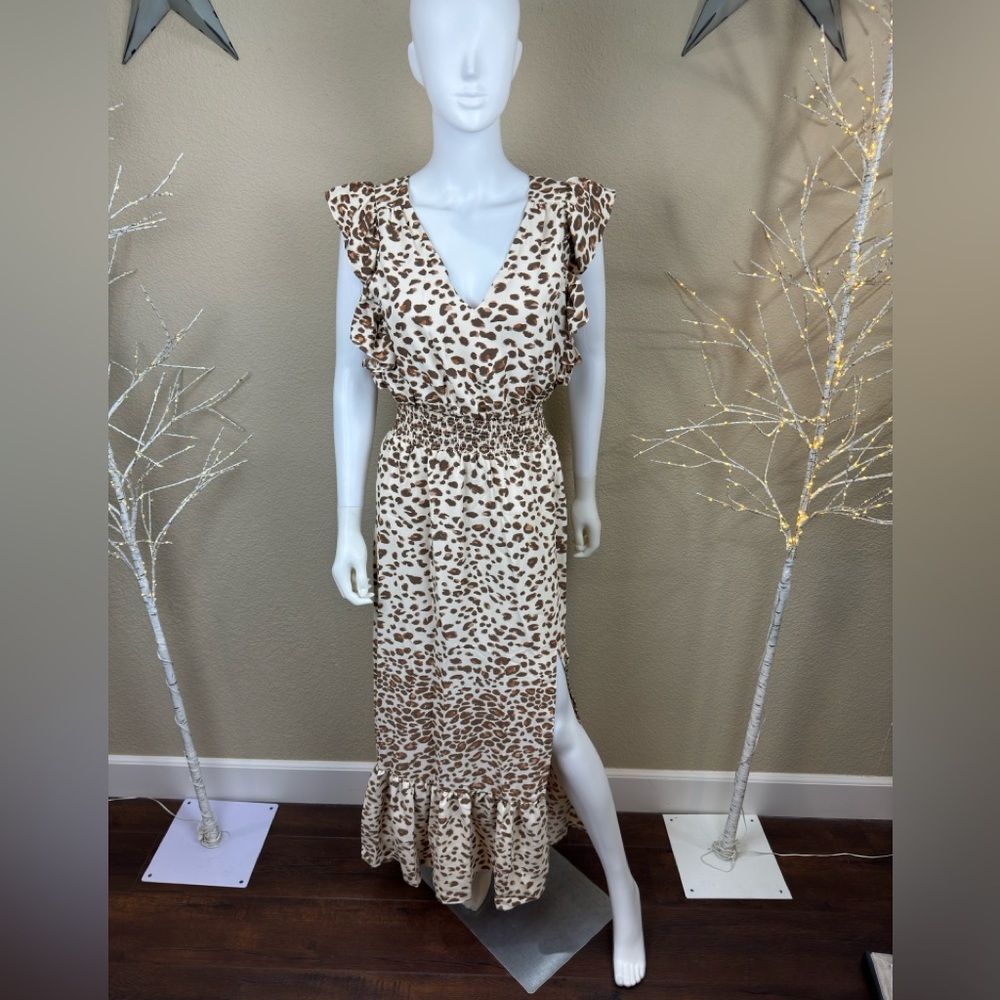 Express Ruffle Smocked Waist Leopard Maxi Dress $108